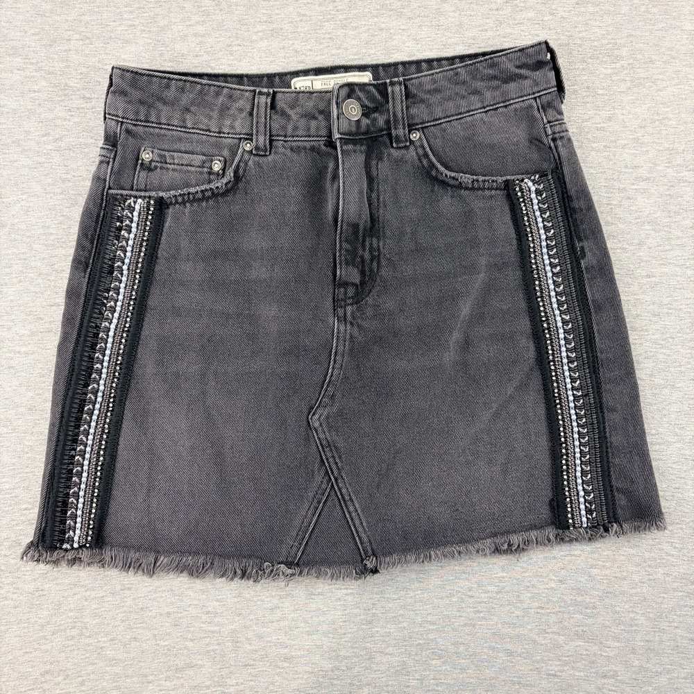 Free People Gray Denim Embellished Mini Skirt Womens‎ Size 2 Boho Festival